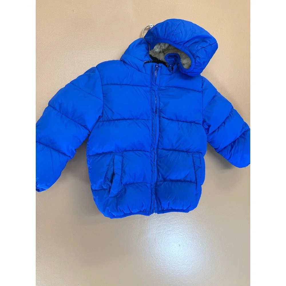 Kids Royal Blue Faux Fur Lined Puffer Jacket Hooded Quilted Winter‎ Coat